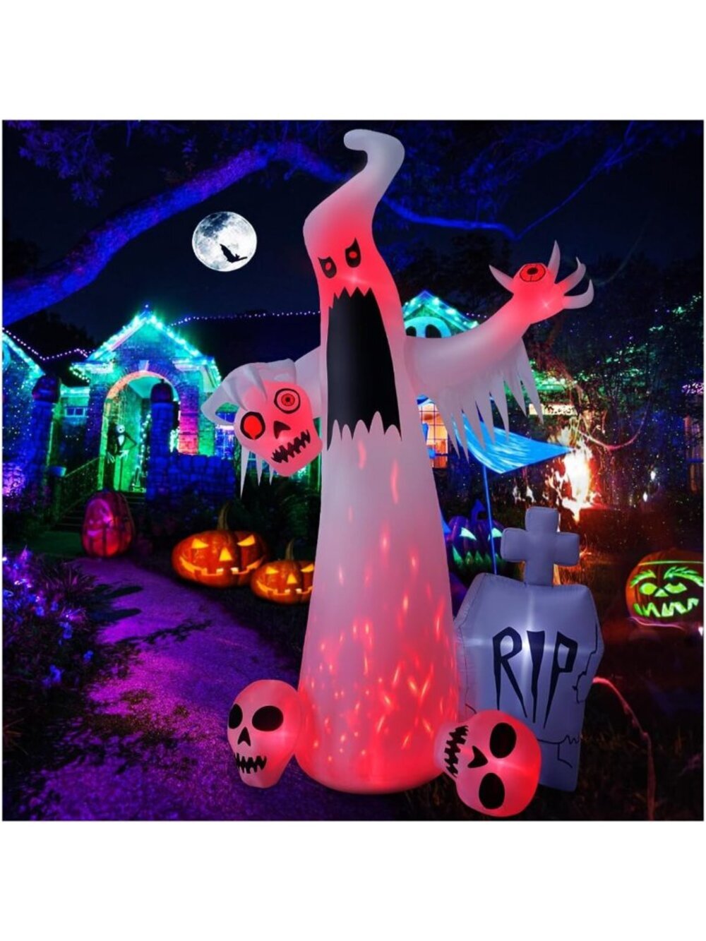 12 FT Halloween Inflatable Ghost with 3 Skulls - Outdoor Yard Decor, Spooky